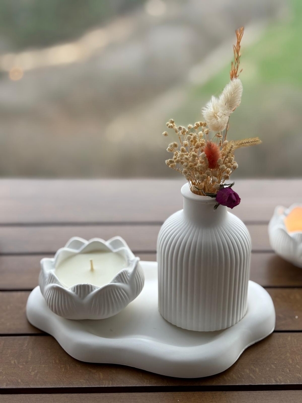 ESS Lotus Tealight Mumluk ve Beton Ta Vazo Seti
